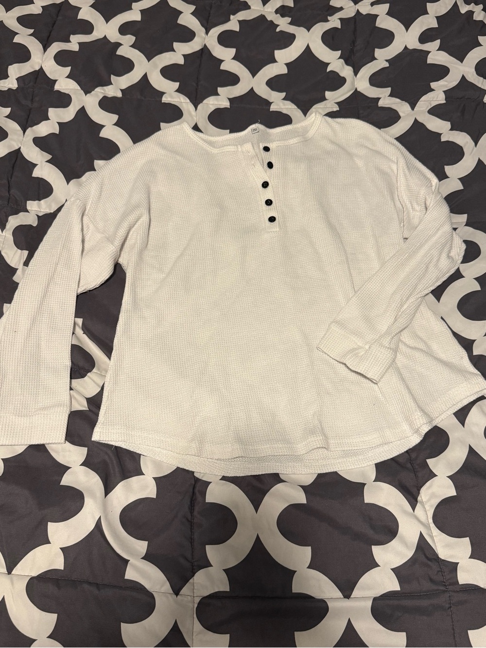 White Waffle Knit Henley Top with Black Buttons